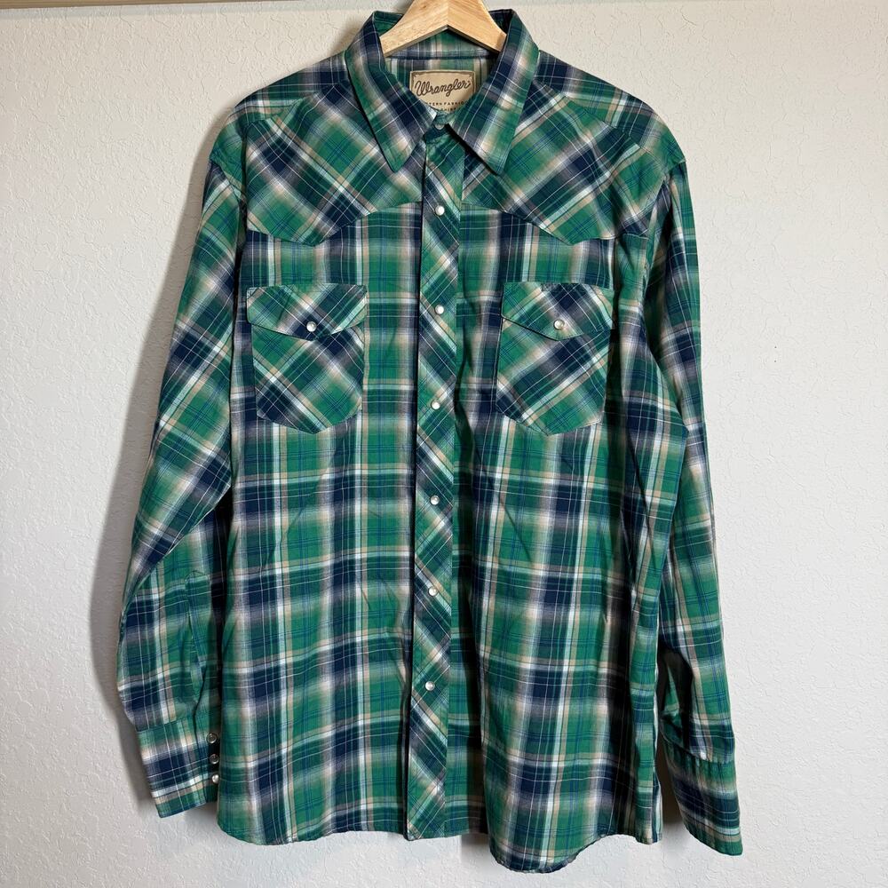 Men's Wrangler Green and Blue‎ Plaid Western Pearl Snap Button Shirt Size XL